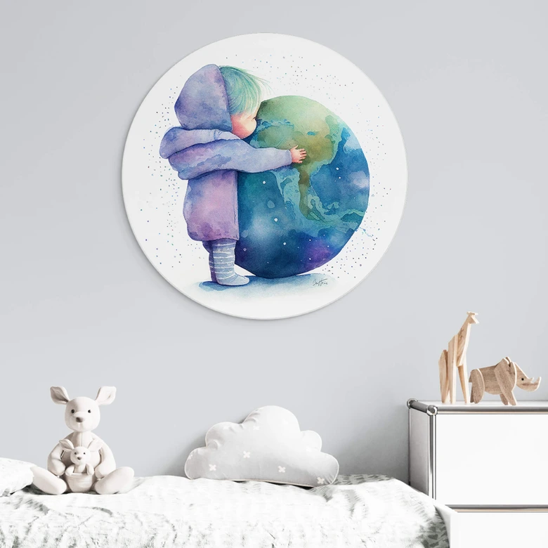 Rundes Wandbild Heine - Kind umarmt Erde - Astro Cruise - Alu-Dibond 