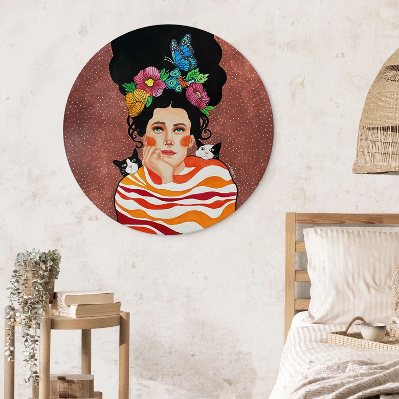 Wandbild Frau mit Blumenkrone und Katzen - Hülya - Alu-Dibond Rund 