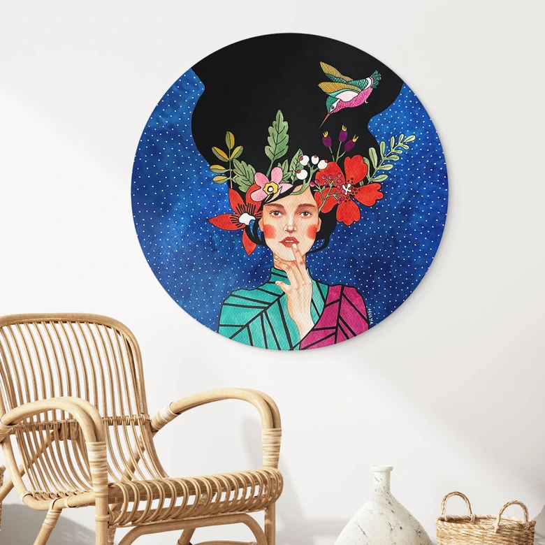 Wandbild Frau mit Kolibri in der Sternennacht - Hülya - Alu-Dibond Rund 