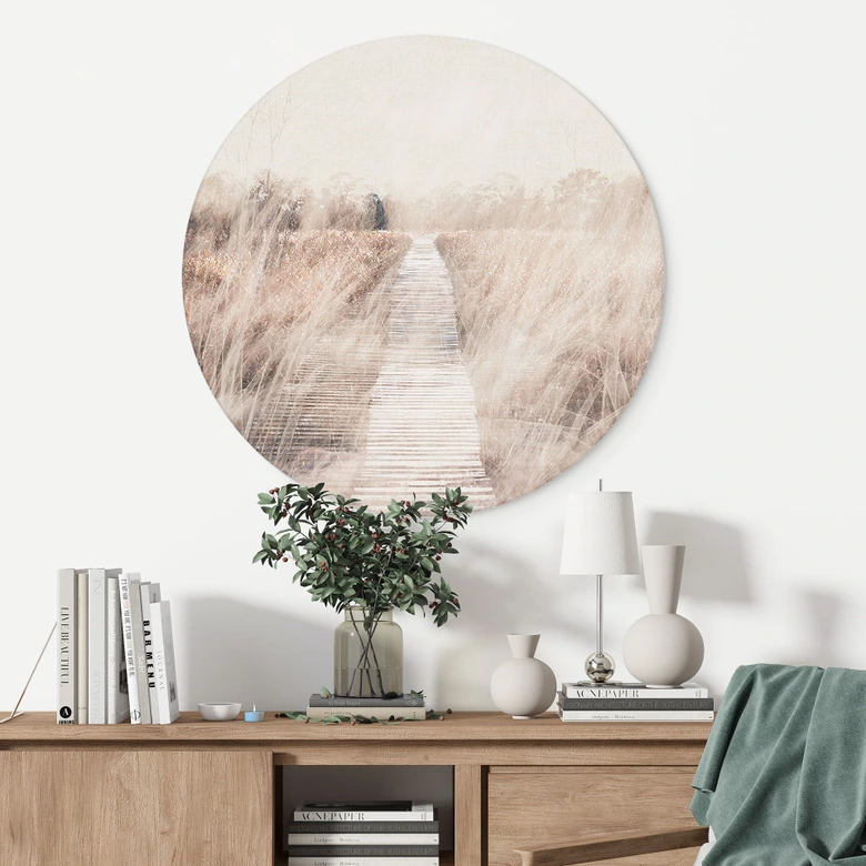 Wandbild Verträumte Landschaft mit Holzsteg - Imaginative - Alu-Dibond - Rund 