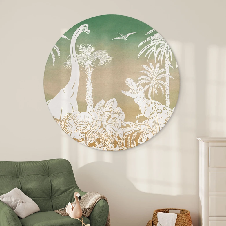 Rundes Wandbild Abenteuerreise zu den Dinosauriern - Ombre - Kikki Belle - Alu-Dibond 