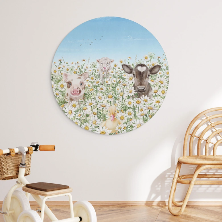 Wandbild Bauernhoftiere auf der Blumenwiese - Kikki Belle - Alu-Dibond - Rund 