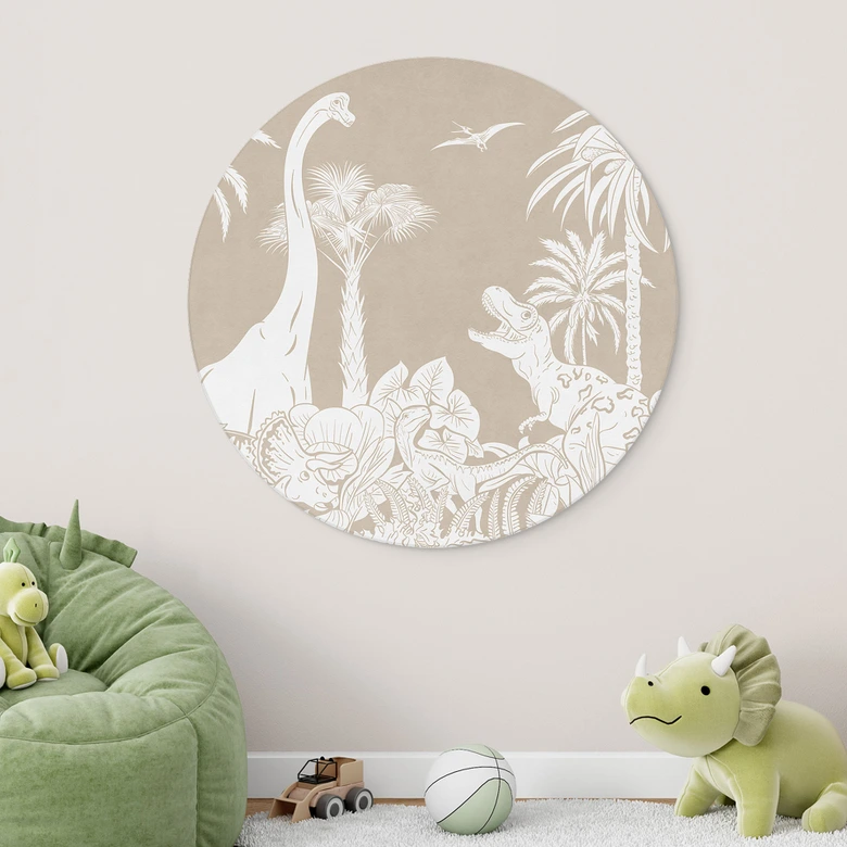 Rundes Wandbild Dinosaurier im wilden Dschungel - Braun - Kikki Belle - Alu-Dibond 