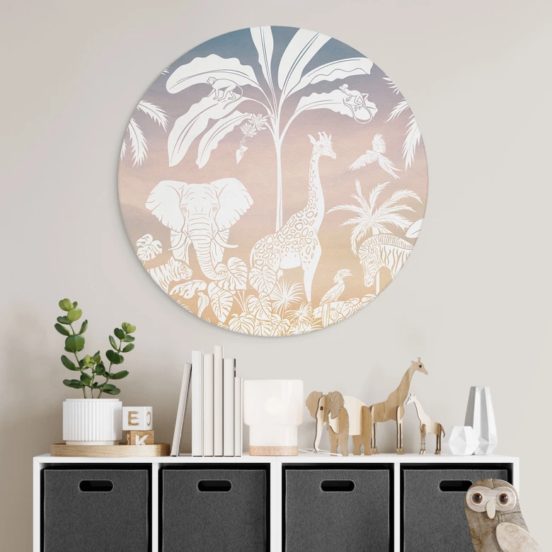 Tableaux ronds Paradis de la jungle avec animaux sauvages - Ombre - Kikki Belle - Alu-Dibond 