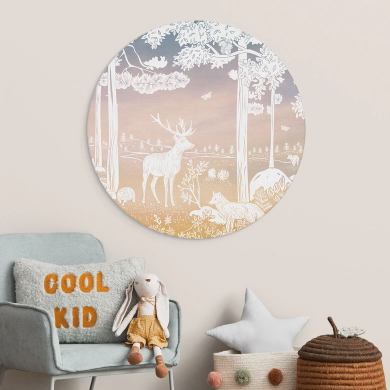 Rundes Wandbild Friedlicher Wald mit Hirschen und Füchsen - Ombre - Kikki Belle - Alu-Dibond 