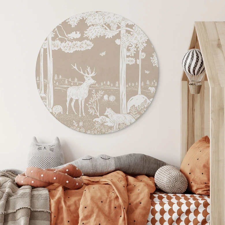 Rundes Wandbild Herbstlicher Wald mit Hirschen und Füchsen - Braun - Kikki Belle - Alu-Dibond 