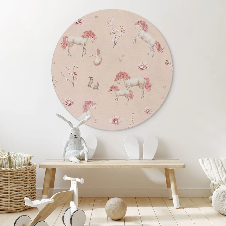 Rundes Wandbild Verzauberte Einhörner mit Kirschblüten - Alu-Dibond - Kikki Belle 