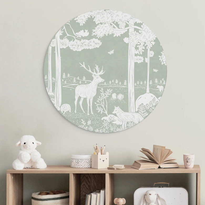 Rundes Wandbild Waldidylle in Grün - Oase für Wildtiere - Kikki Belle - Alu-Dibond 