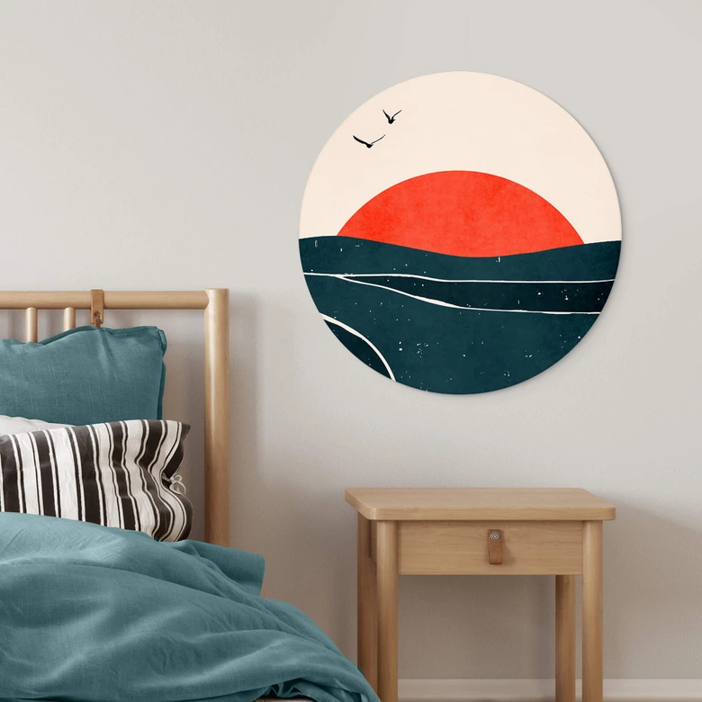 Wandbild Sonnenuntergang am Meer mit Tauben - Kubistika - Alu-Dibond - Rund 