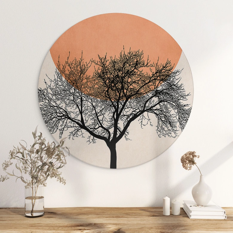 Tableau sur alu-Dibond rond Matin d'hiver en couleur pêche - Kubistika 
