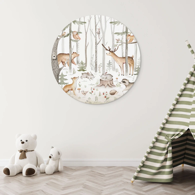 Wandbild Abenteuer mit Waldtieren - Kvilis - Alu-Dibond Rund 