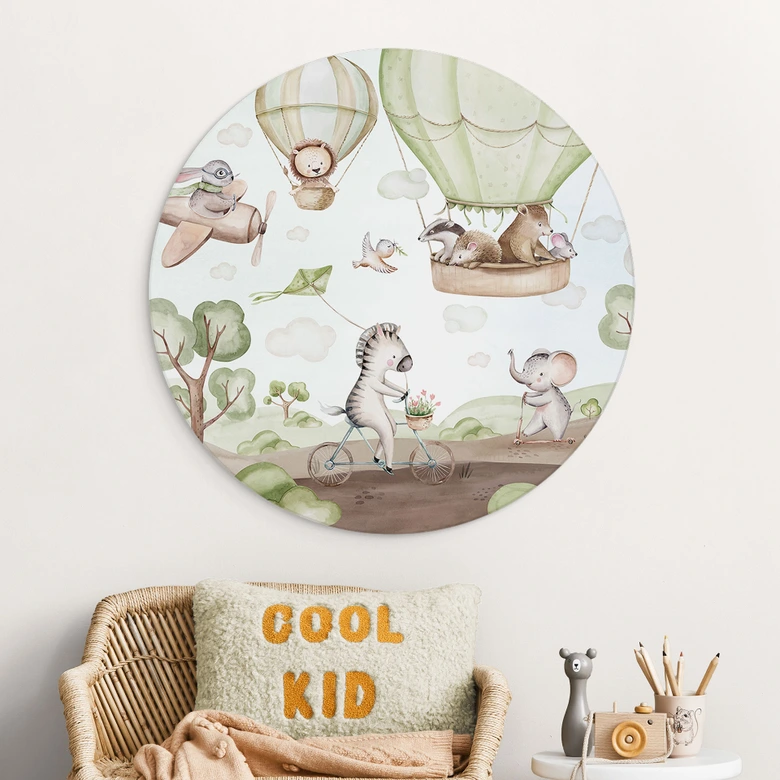 Wandbild Ballonfahrt der Tierfreunde - Kvilis - Alu-Dibond Rund 