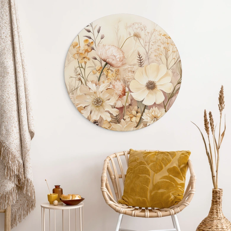 Wandbild Vintage Blütenpracht auf der Wiese - Lola Peacock - Alu-Dibond Rund 