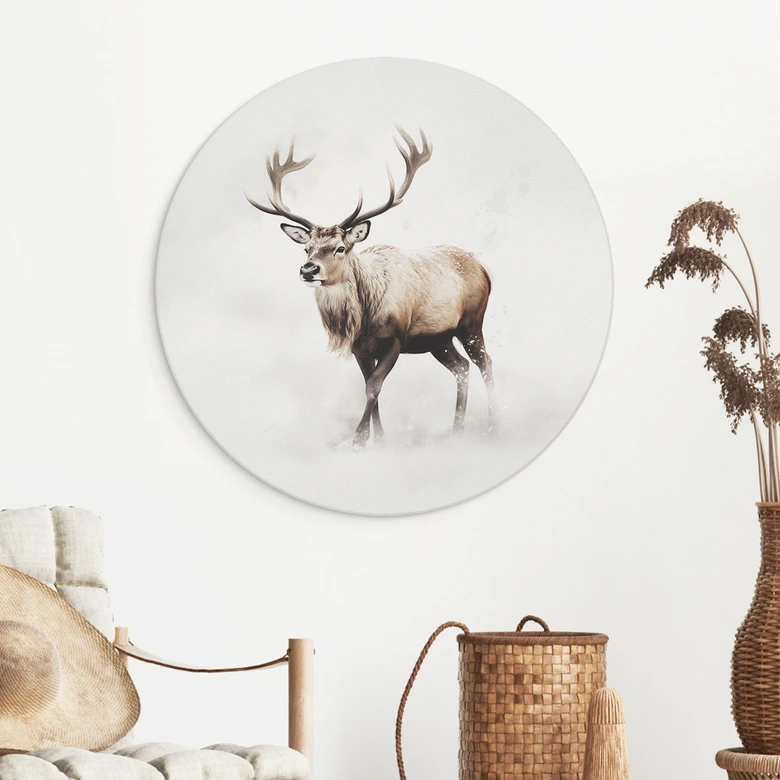 Wandbild Hirsch im weißen Winter - Magnusson - Alu-Dibond Rund 