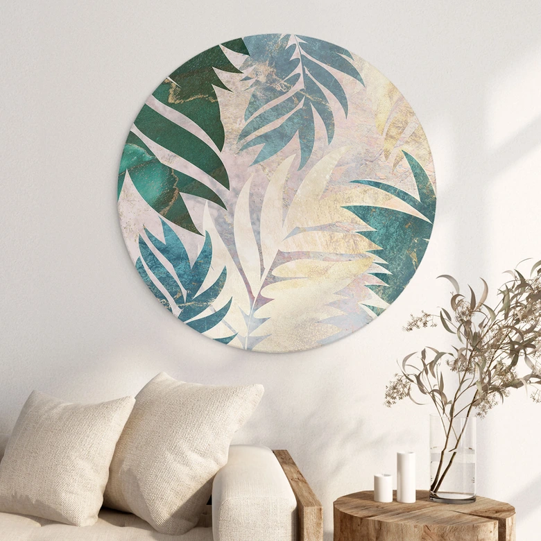 Wandbild Exotische Palmenblätter in Gold-grün - Manovski - Alu-Dibond Rund 