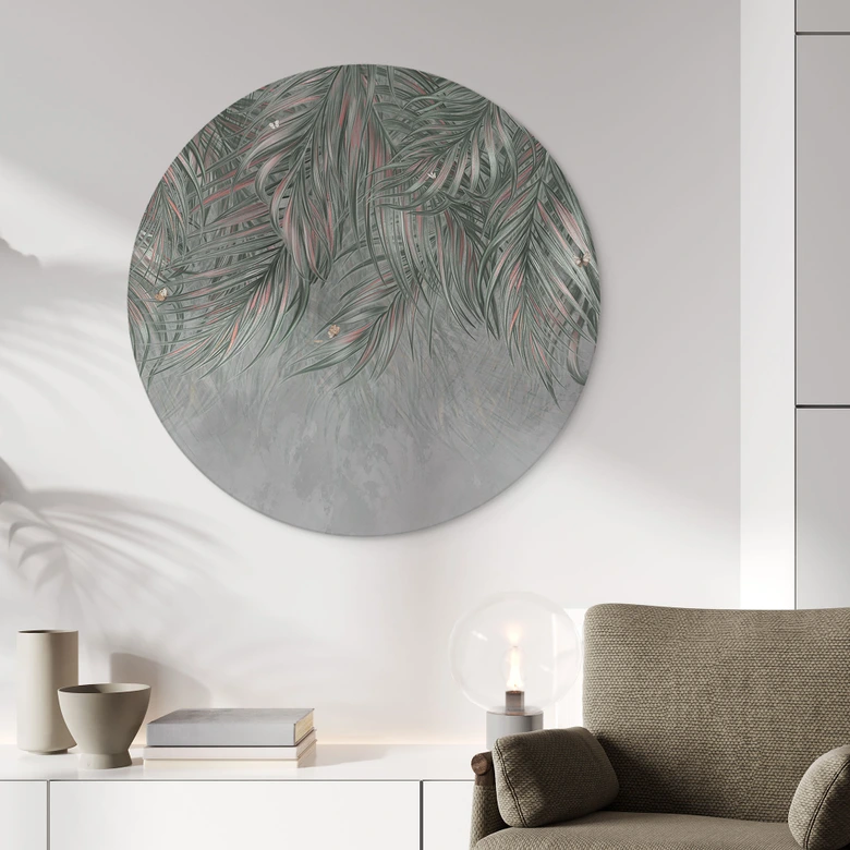 Wanddecoratie Exotische palmbladeren roze-groen - Ms Tiff - Alu-Dibond Rond 
