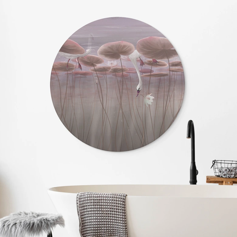 Wandbild Lotusblumen mit Schwan im Wasser in Altrosa - Ms Tiff - Alu-Dibond Rund 