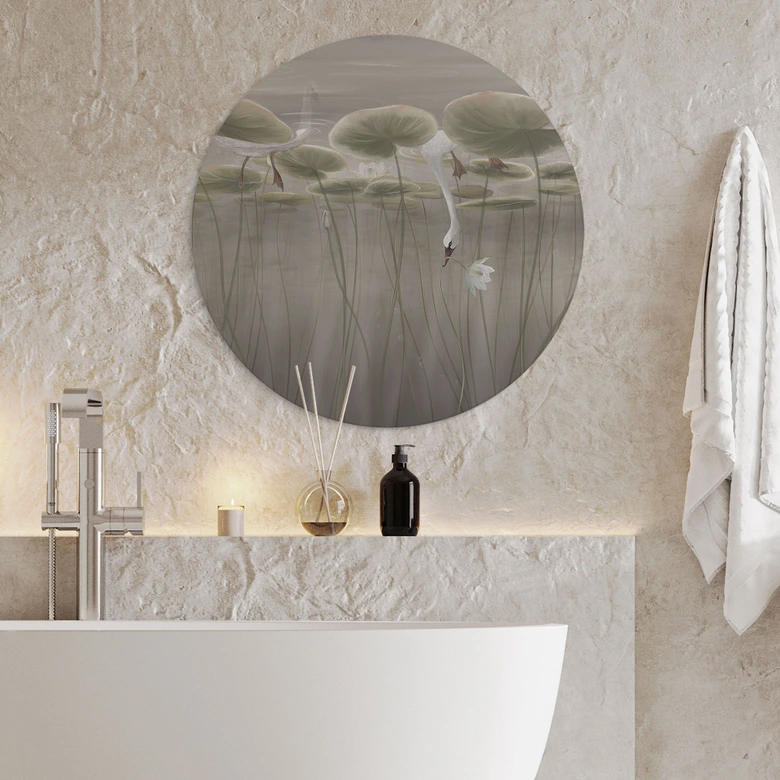 Wandbild Lotusblumen mit Schwan im Wasser in Grau - Ms Tiff - Alu-Dibond Rund 