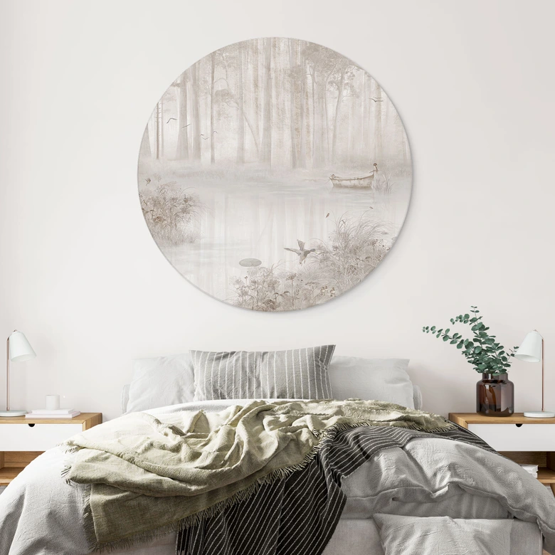 Wandbild Wald am See im Nebel in Beige - Ms Tiff - Alu-Dibond Rund 