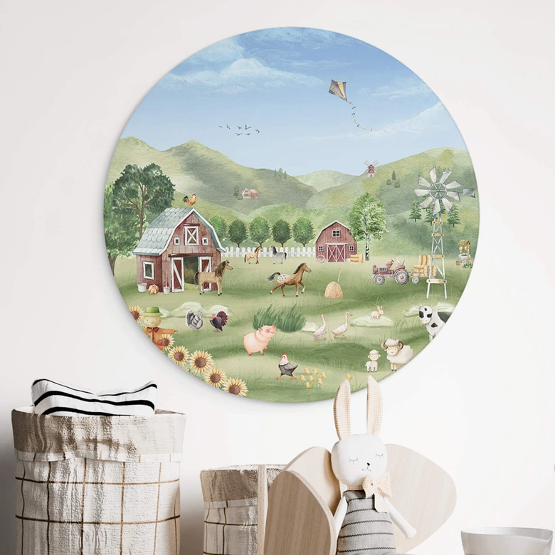 Tableau sur alu-Dibond rond Oliver Robins - Ferme colorée avec animaux 