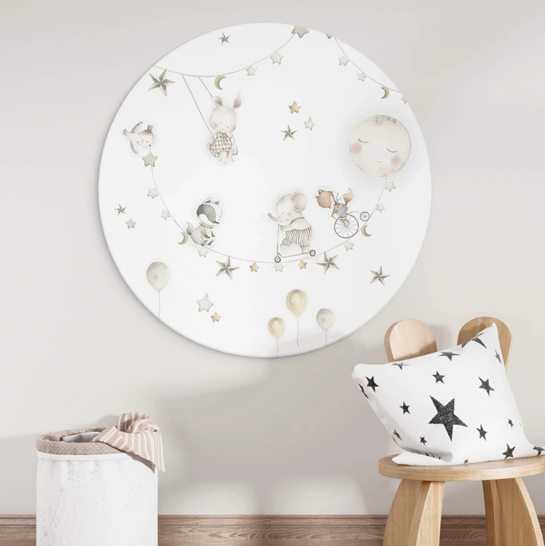 Rundes Wandbild Fröhliche Tiere mit Sternenhimmel - Oliver Robins - Alu-Dibond 