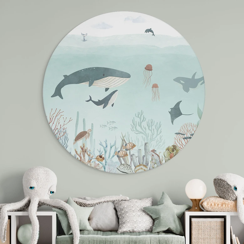 Wandbild Unterwasser-Abenteuer mit Meerestieren - Blau - Oliver Robins - Alu-Dibond Rund 