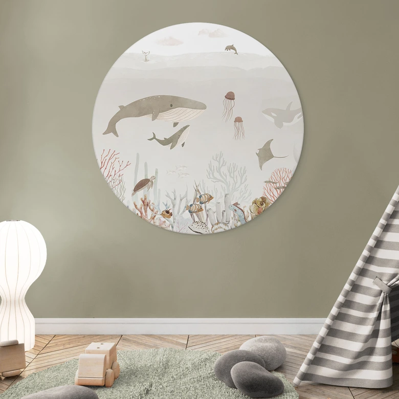 Kinderzimmer Wandbild Wale und ihre Freunde in der Unterwasserwelt - Oliver Robins - Alu-Dibond Rund 