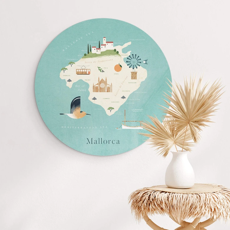 Wandbild Karte von Mallorca - Alu-Dibond Rund - Rivers 