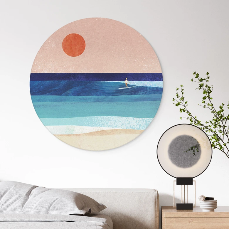 Wandbild Surfer Mädchen beim Sonnenuntergang - Rivers - Rund - Alu-Dibond 