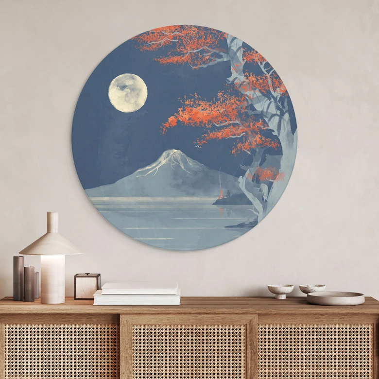 Wandbild Vollmond über dem Gipfel des Fuji-san - Roze - Alu-Dibond Rund 
