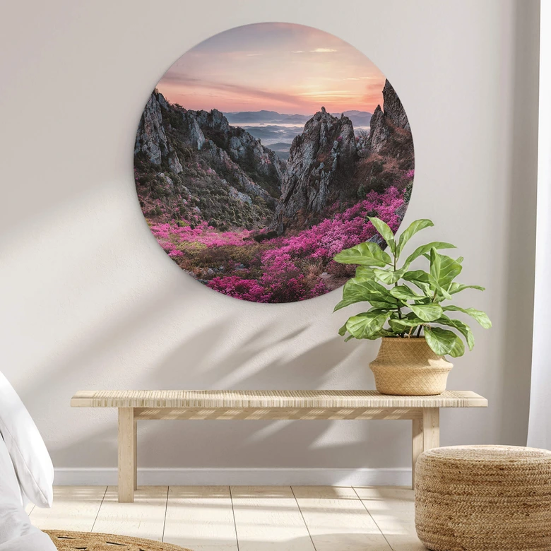 Wandbild Seo - Felsige Landschaft im Sonnenuntergang - Alu-Dibond Rund 
