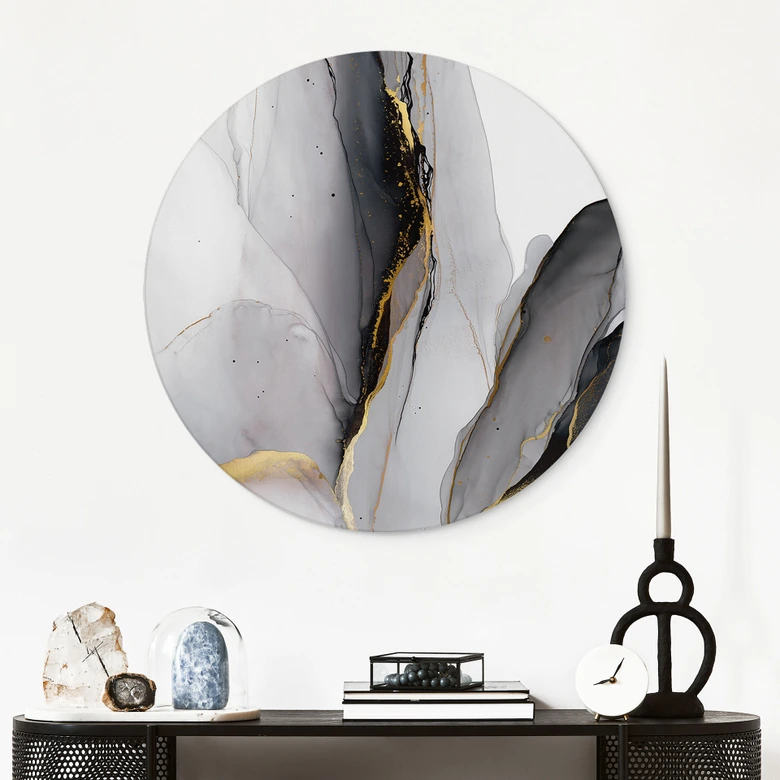 Wandbild Abstrakte Komposition in Gold und Grau - Shelest - Alu-Dibond Rund 