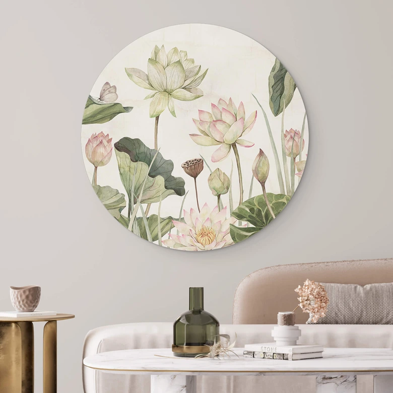 Alu-Dibond Wandbild Sir Edward - Seerosen Idyll in Pastell - Rund 