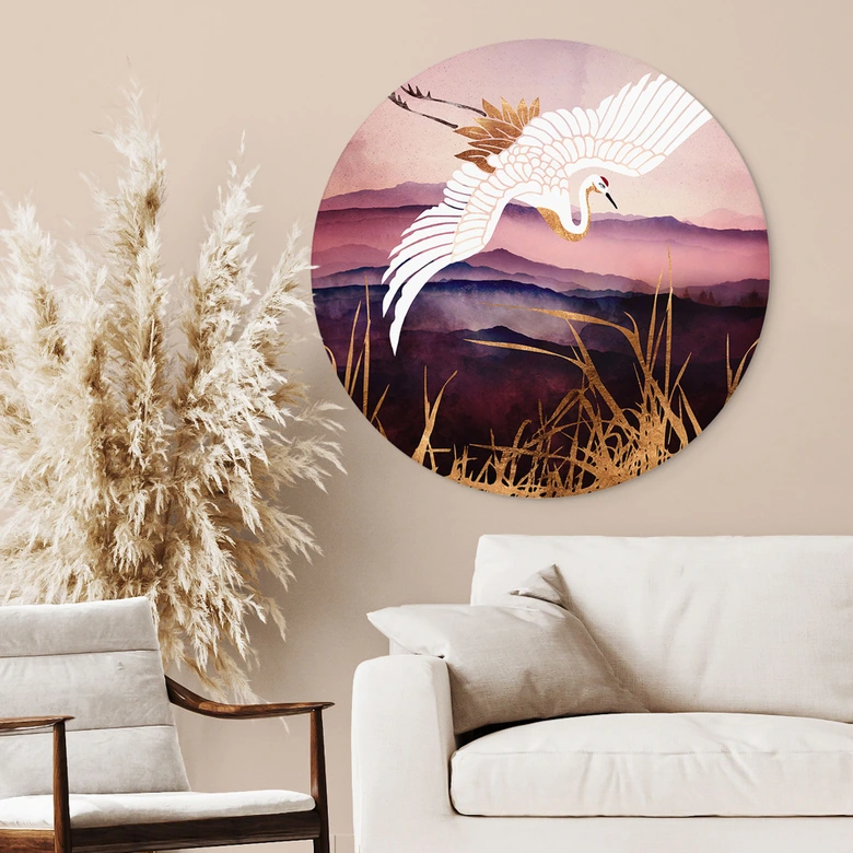 Wandbild Eleganter Kranich - SpaceFrog Designs - Rund - Alu-Dibond 