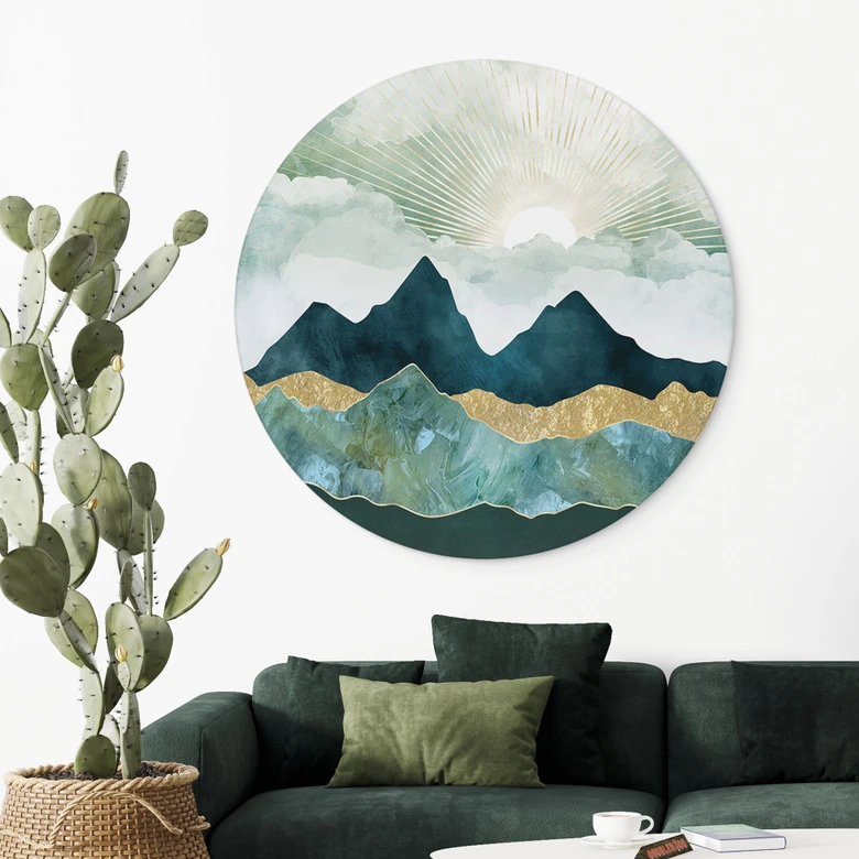 Dibond Wanddecoratie Zonnig landschap in blauw en goud - SpaceFrog Designs 
