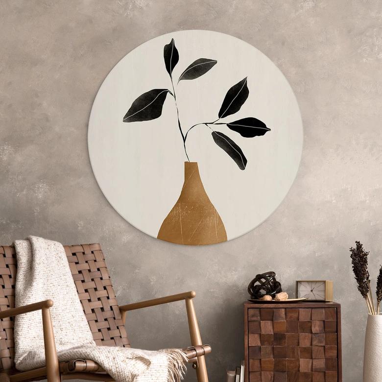Wandbild Zweig in goldener Vase - ThingDesign - Alu-Dibond Rund 