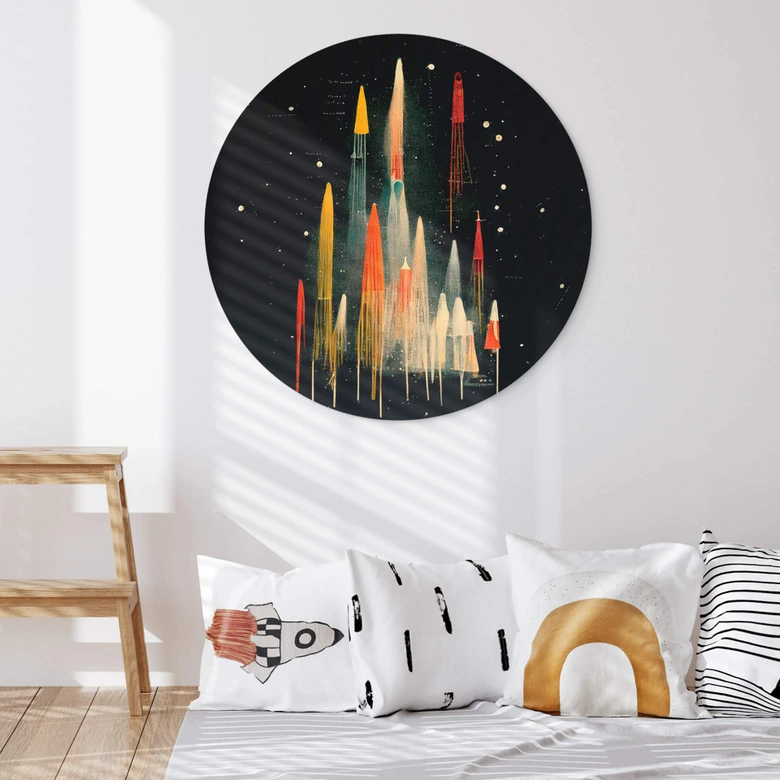 Rundes Wandbild Treechild - Bunte Raketen auf galaktischer Reise - Alu-Dibond 