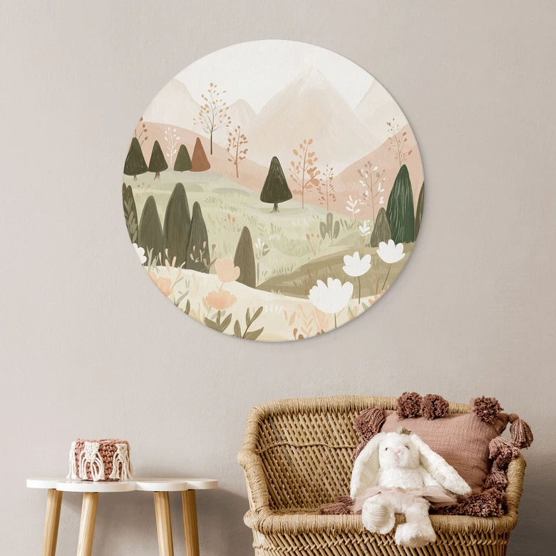 Wandbild Pastell Berglandschaft mit Blumen - Treechild - Alu-Dibond Rund 