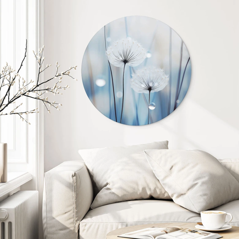 Wandbild Tauperlen auf Pusteblumen - Treechild - Alu-Dibond Rund 