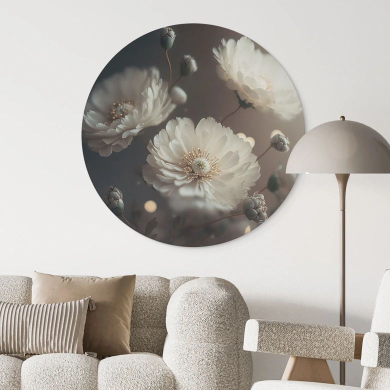 Wandbild Weiße Blumen mit Goldstaub - Treechild - Alu-Dibond Rund 