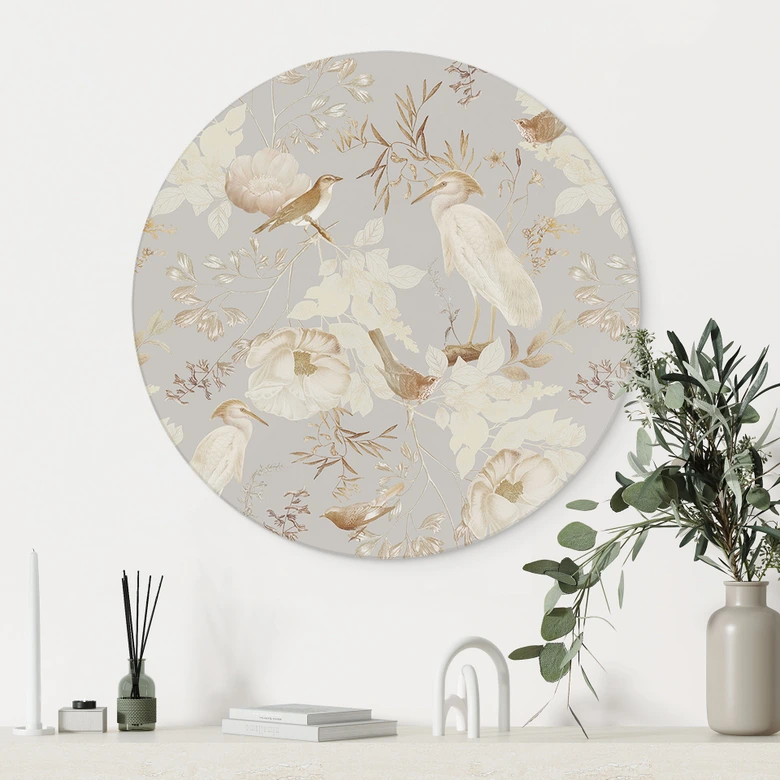 Wandbild Vögel zwischen weißen Blumen - UN Designs - Rund - Alu-Dibond 