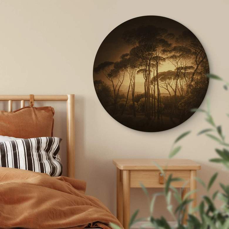 Dibond Schilderij met goud effect Parasoldennen in Italiaans Landschap - Sepia 