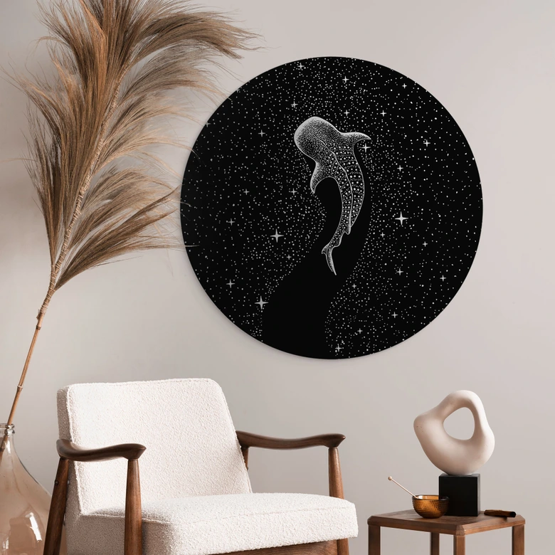 Wandbild mit Silbereffekt Walhai im Ozean der Sterne - Cakir - Alu-Dibond Rund 