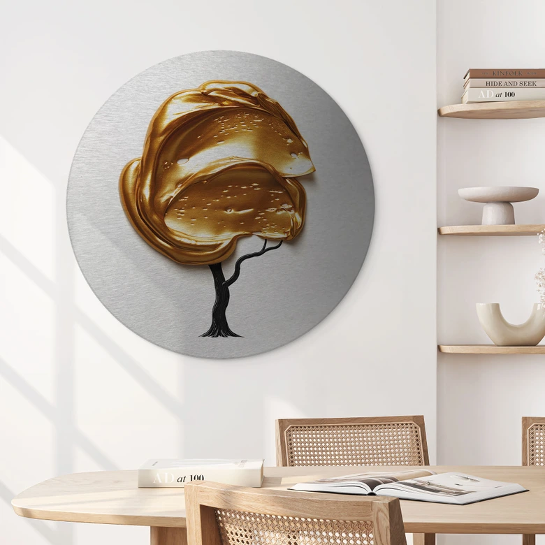 Wanddecoratie met zilvereffect Boom met gouden 3D kroon - Mielu - Alu-Dibond Rond 