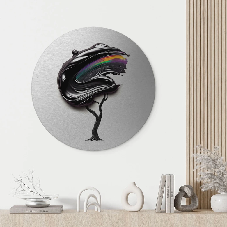 Wanddecoratie met zilvereffect boom met zwarte 3D kroon - Mielu - Alu-Dibond Rond 