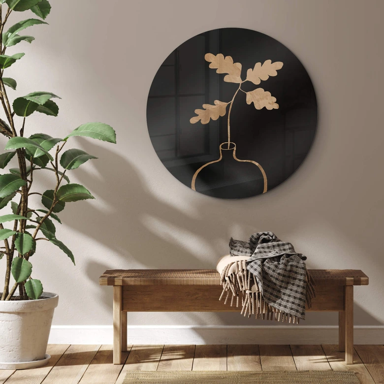 Glasbild 1X Studio - Goldene Eichenblätter in einer Vase - Rund 