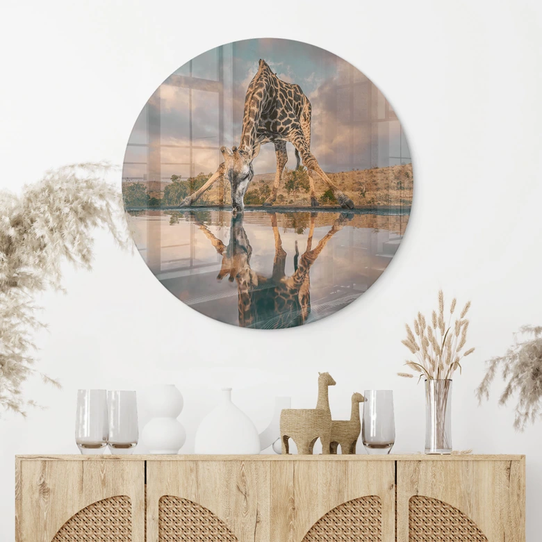 Tableau verre Reflet d'une girafe dans la nature - Amtmann - Rond 