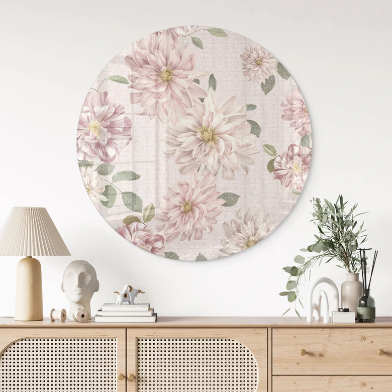 Glasbild Dahlien Shabby Chic Rosa - Bloomery Decor - Rund 