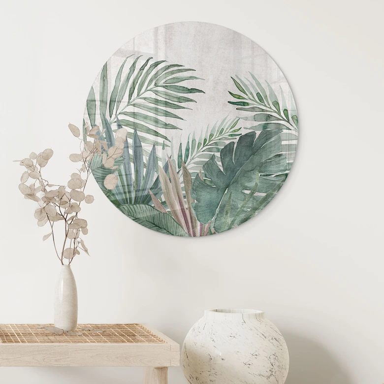 Glasbild Dschungel-Blätter Grün Aquarell - Bloomery Decor - Rund 