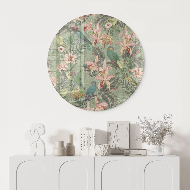Tableau en verre Jungle avec perroquets verts - Bloomery Decor - Rond 